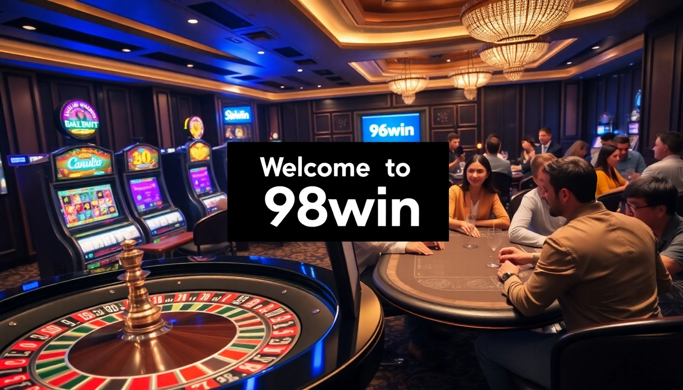 Players enjoying a glamorous game night at 98win casino with roulette, poker, and colorful chips.