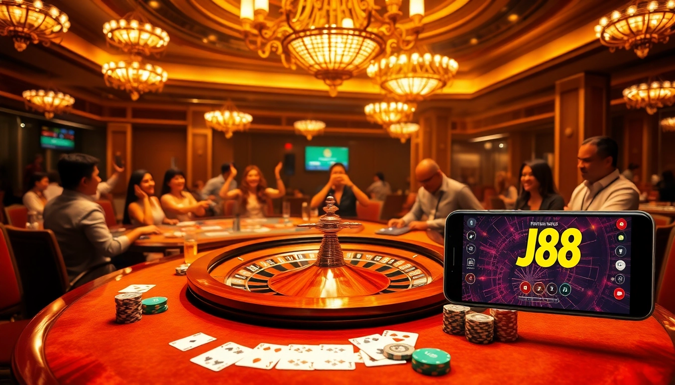 Players celebrating wins at a J88 casino table featuring poker chips and a roulette wheel.