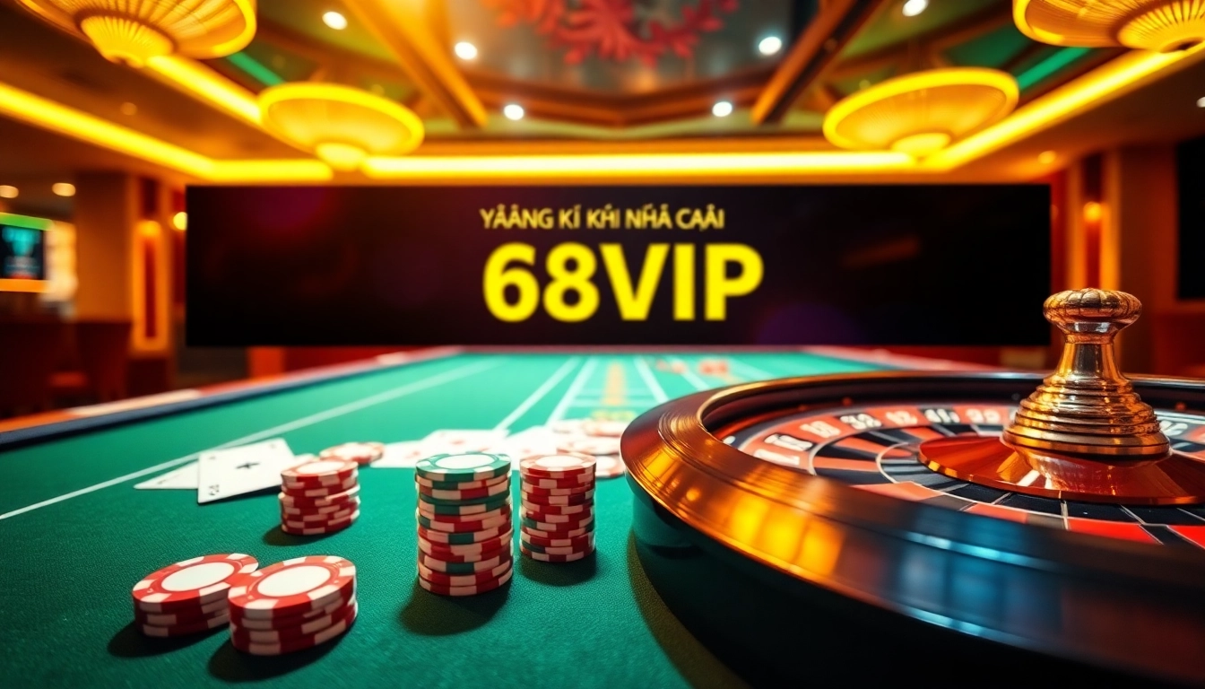 Experience the excitement of Đăng Ký Nhà Cái 68VIP with vibrant casino elements and engaging visuals.