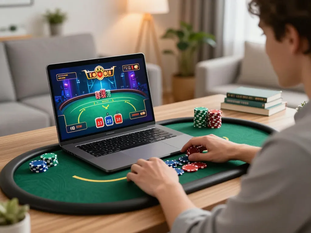 Engaging player on https://n188.build/ actively participating in an online casino game from home setup, showcasing vibrant game interface and strategic betting.
