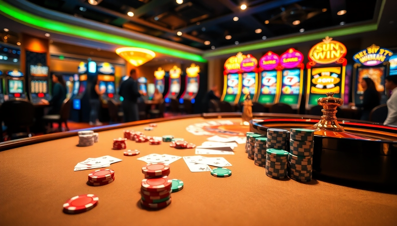 Win big at Sun Win with engaging casino games showcasing poker chips and roulette.