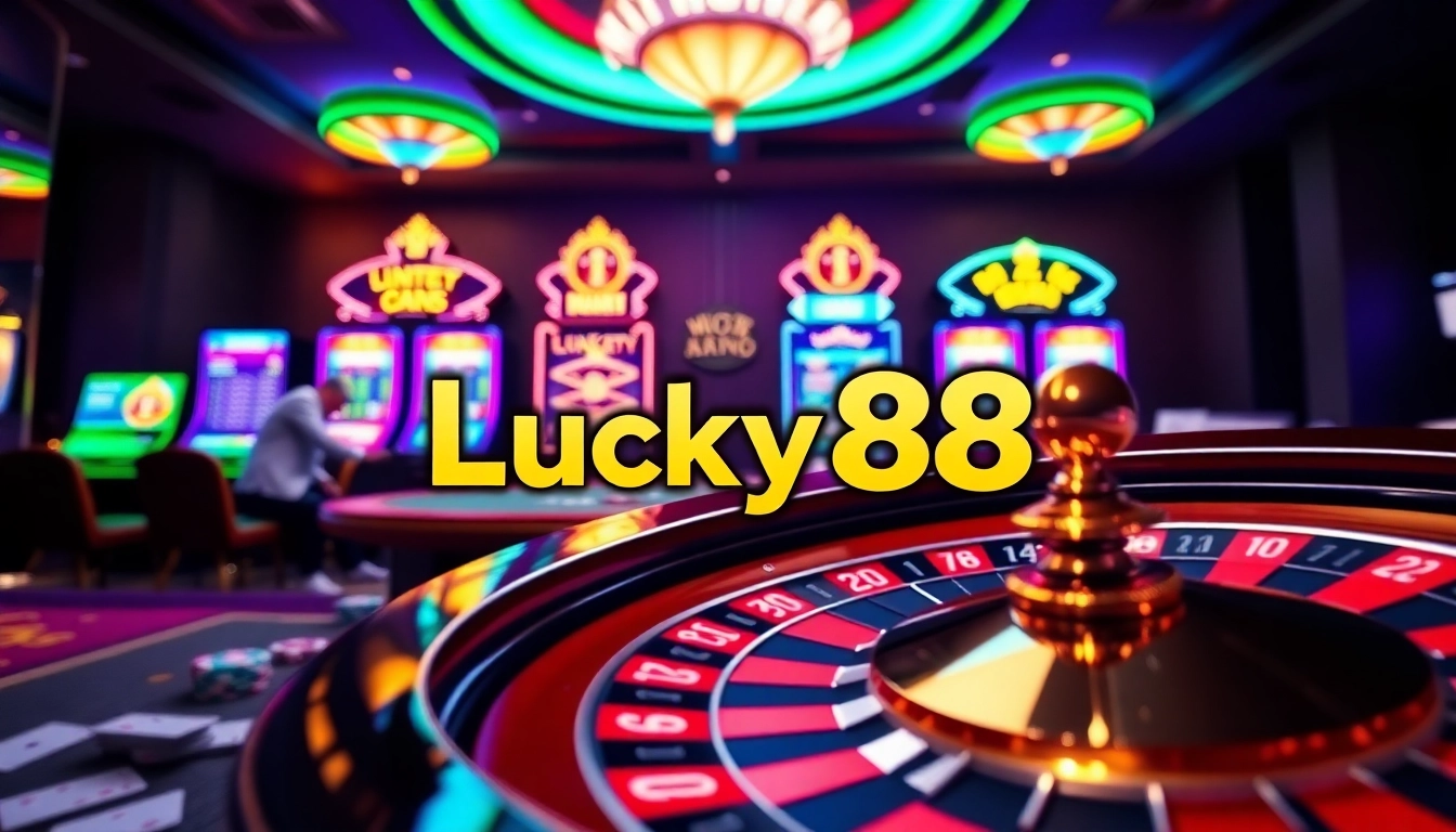 Players enjoying the thrilling atmosphere at Lucky88 casino with vibrant slot machines and roulette.