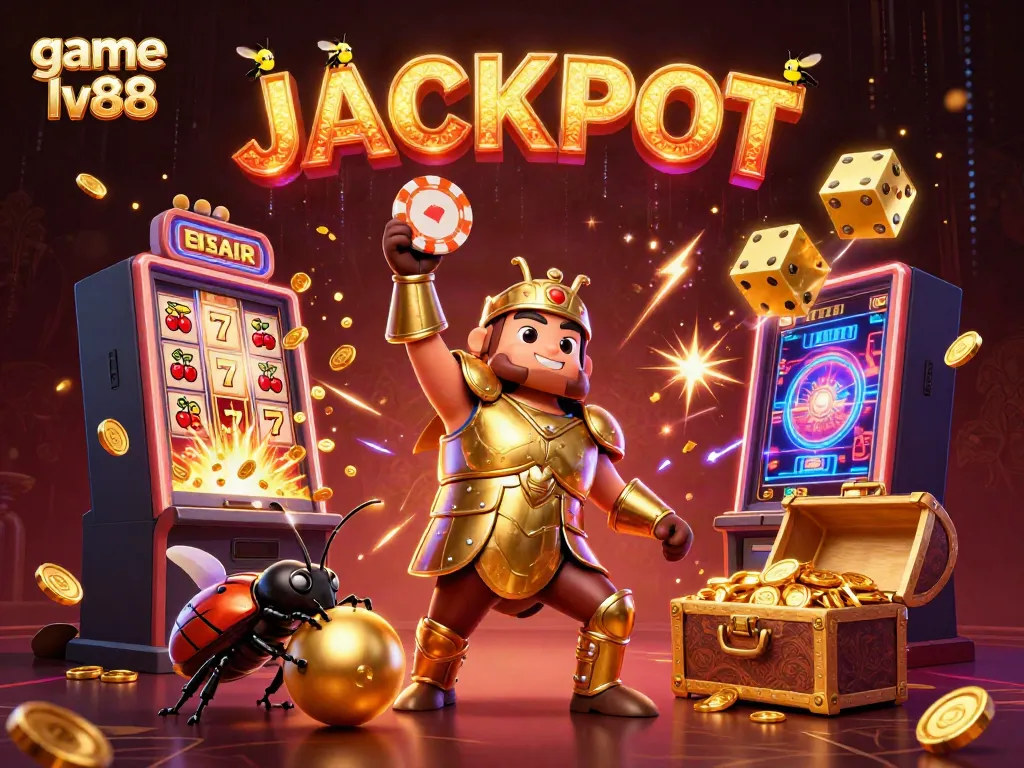 Experience the excitement of game lv88 in this vibrant 3D illustration with a hercules beetle and dynamic casino elements.