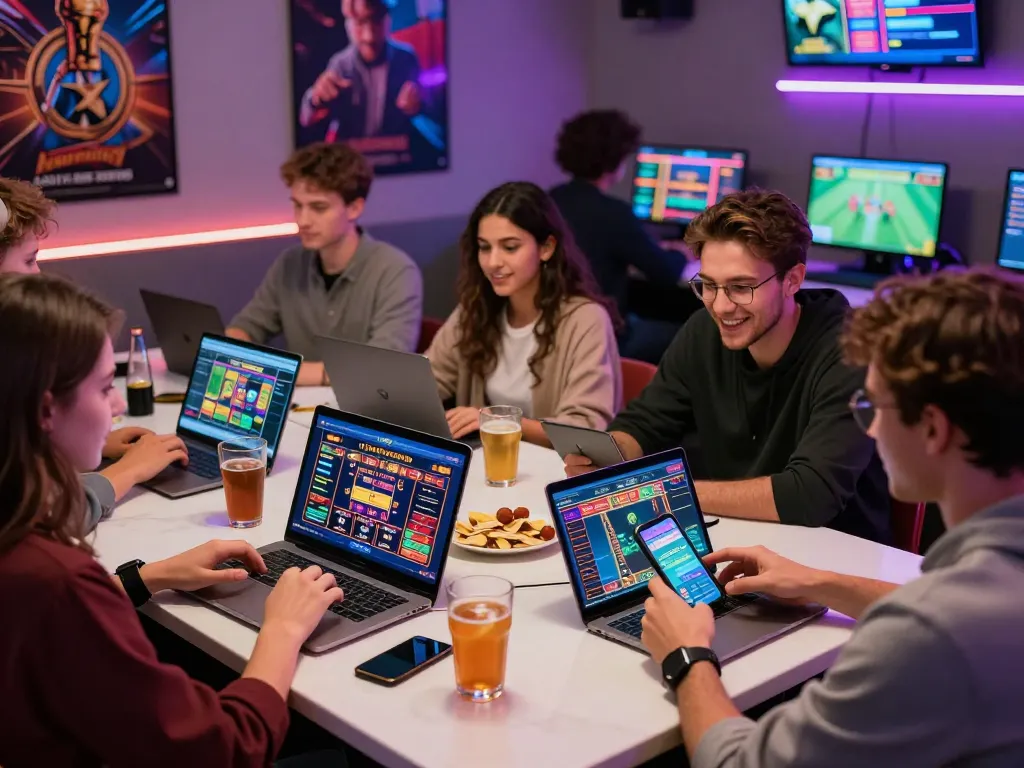Experience the excitement of nhà cái Onbet in a vibrant online betting scene with friends enjoying various games.