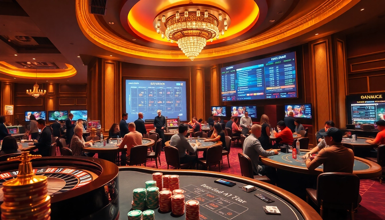 B29 gaming area with vibrant poker chips, roulette, and players engaged in high-stakes gambling activities.