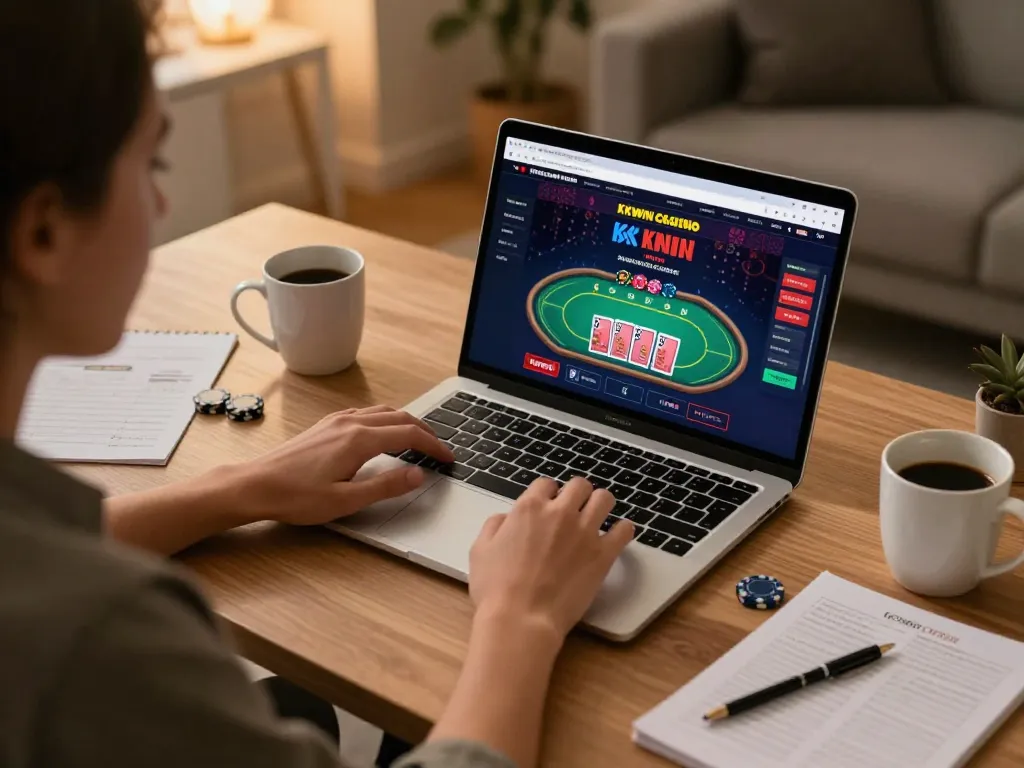 Engaged player enjoys a thrilling KKWIN CASINO online poker game from home, showcasing strategic gameplay
