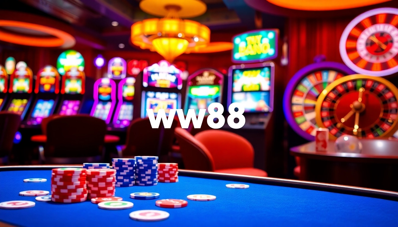 Exciting gambling scene highlighting ww88 with poker chips and a roulette wheel in action.