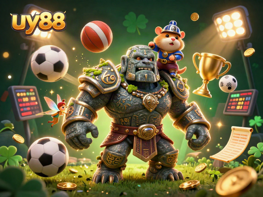 Engage with uy88's thrilling sports betting scene featuring a magical ancient guardian and dynamic elements.