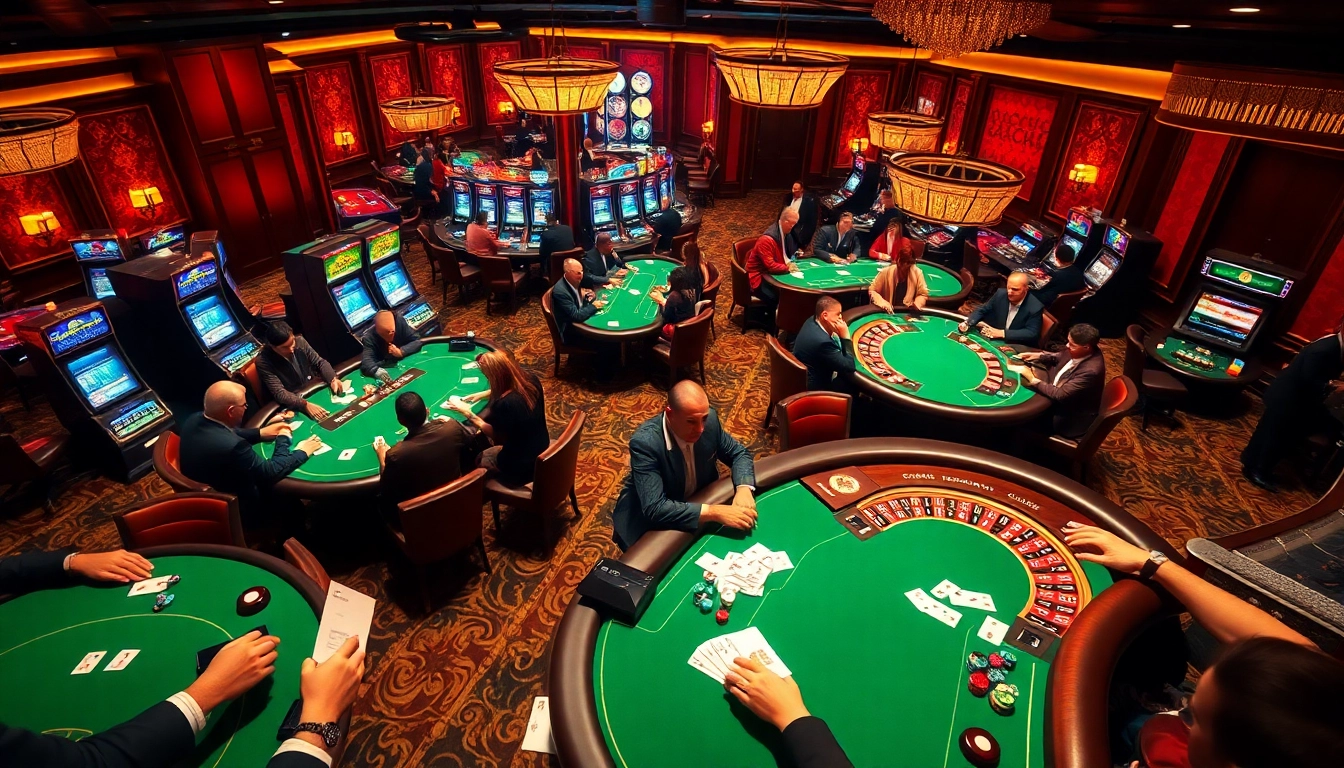 KJC players engaging at luxurious casino tables, showcasing vibrant chips and glowing slot machines.