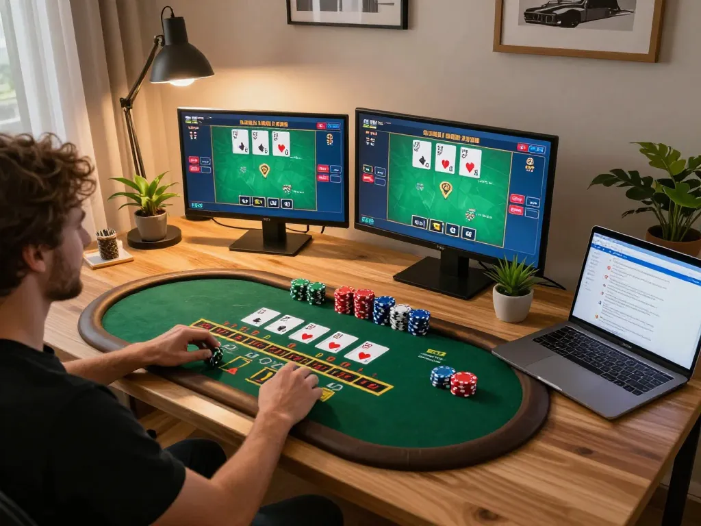 Engaged player on https://tx88.rent/ betting on a live dealer blackjack game at home.