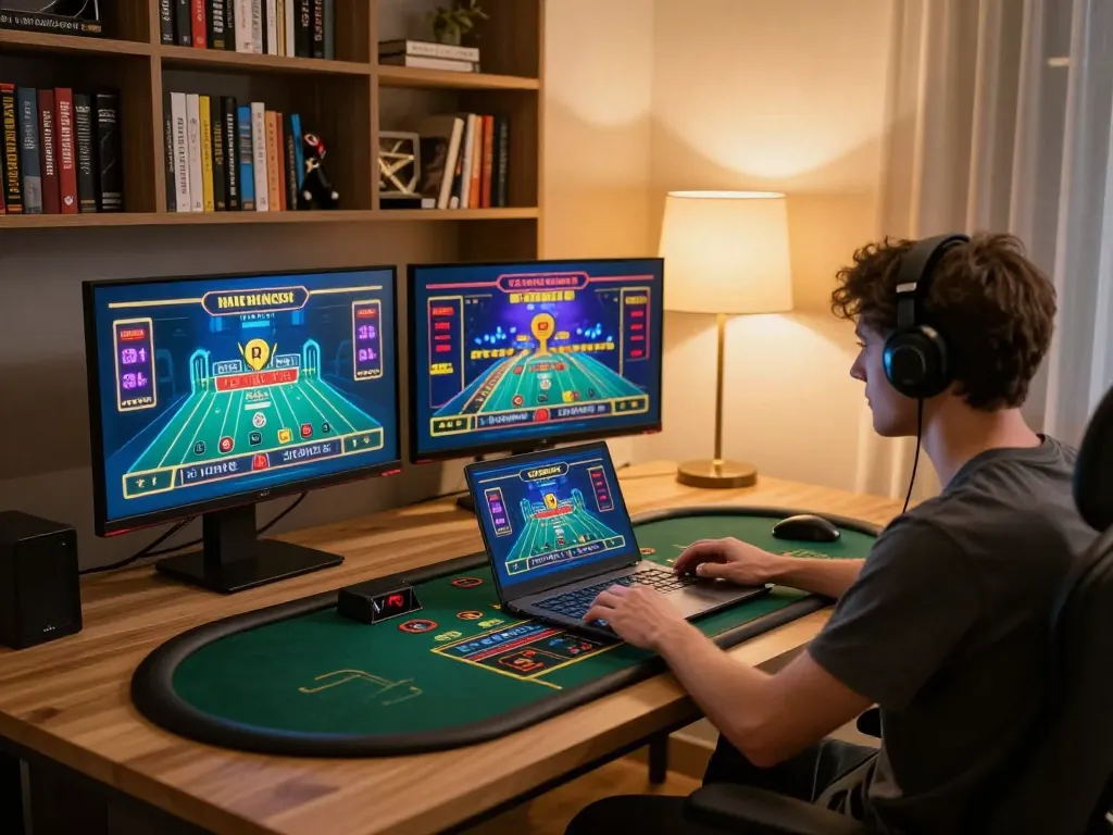Player enjoying online gambling at gk88 com with laptop showing live dealer game interface