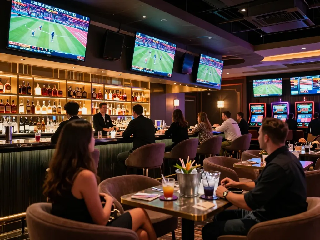Engaging in live sports betting at a casino lounge with multiple screens displaying events and patrons placing bets on https://www.bearcreekwatershed.org/macroinvertebrates