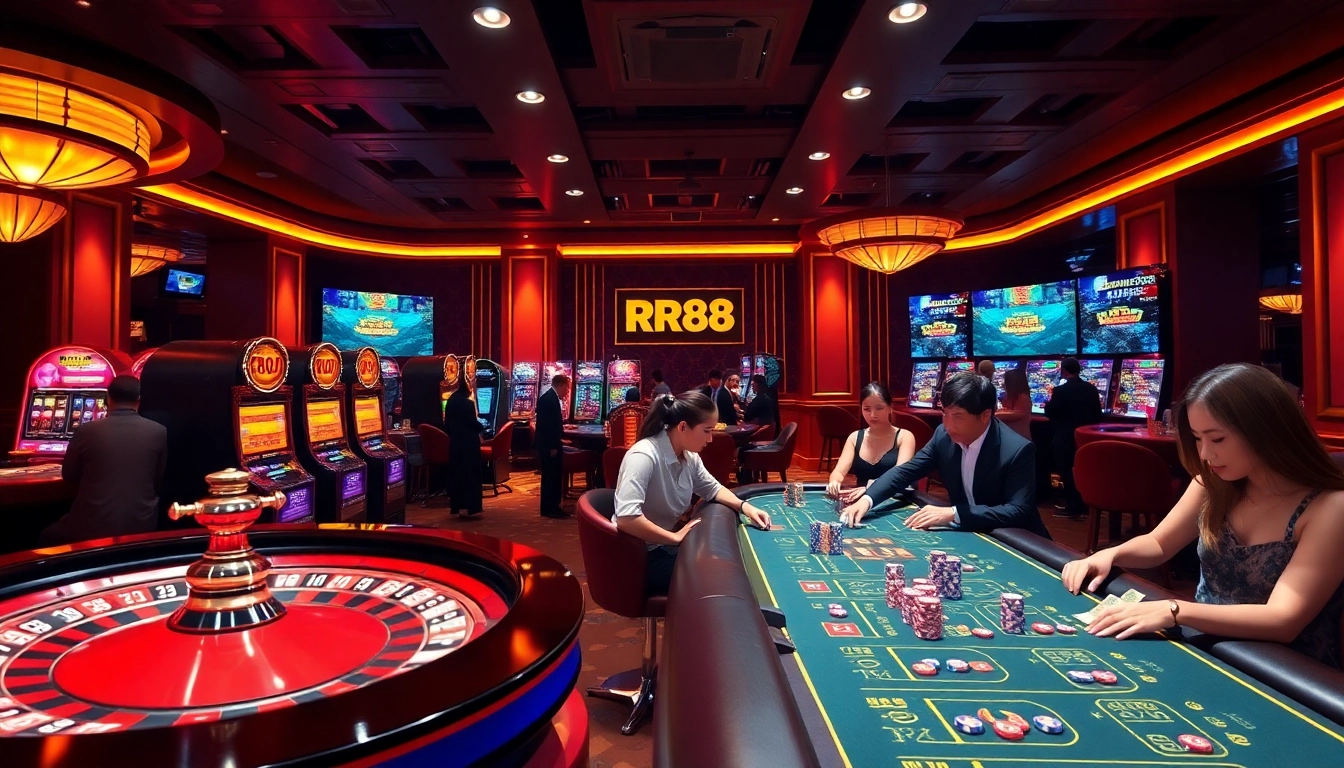 Exciting gameplay at RR88 trang chủ chính thức with online roulette and poker tables, showcasing vibrant casino atmosphere.
