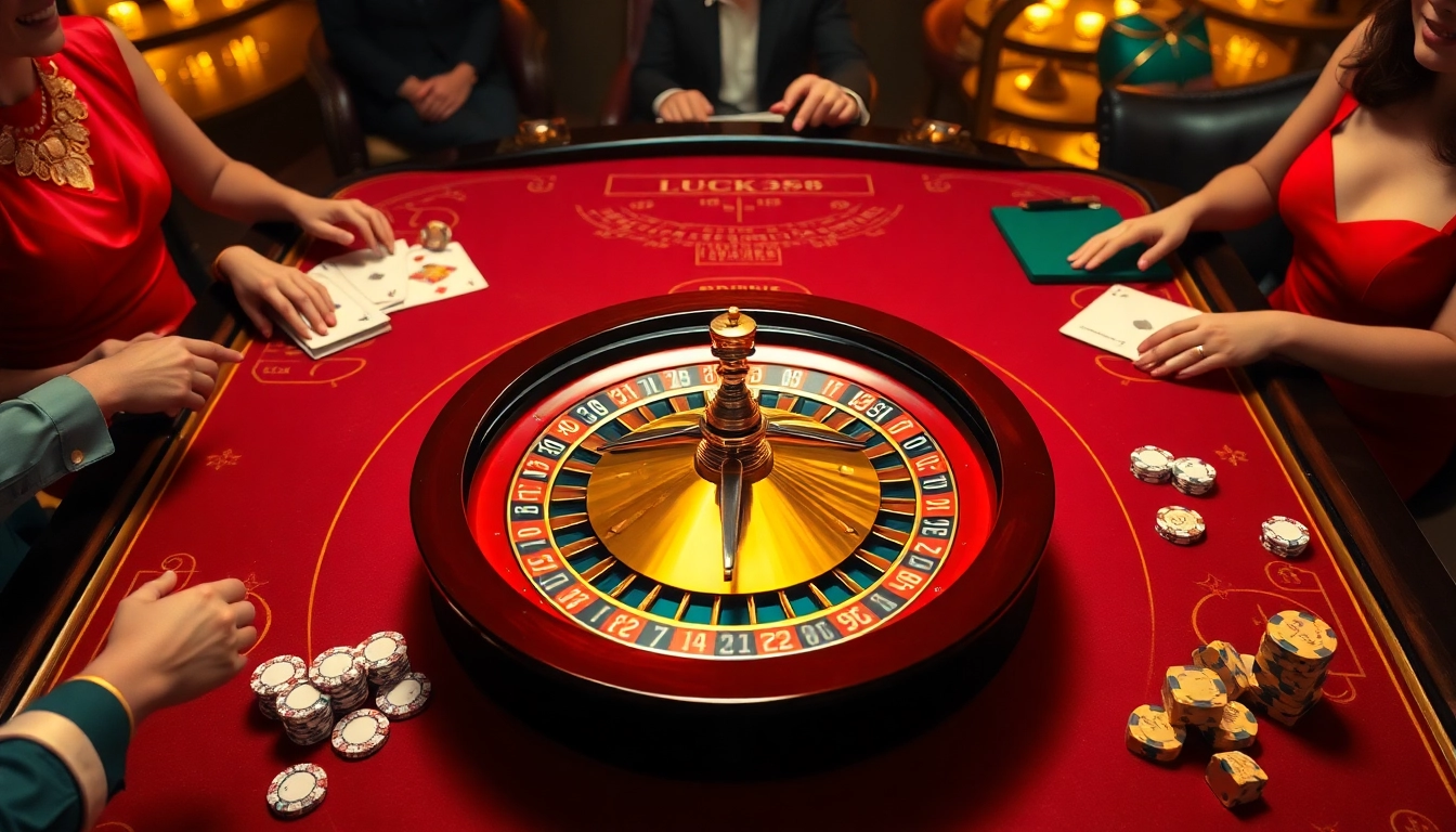 Luck8 players enjoying a thrilling roulette game at a luxurious casino table with vibrant colors.