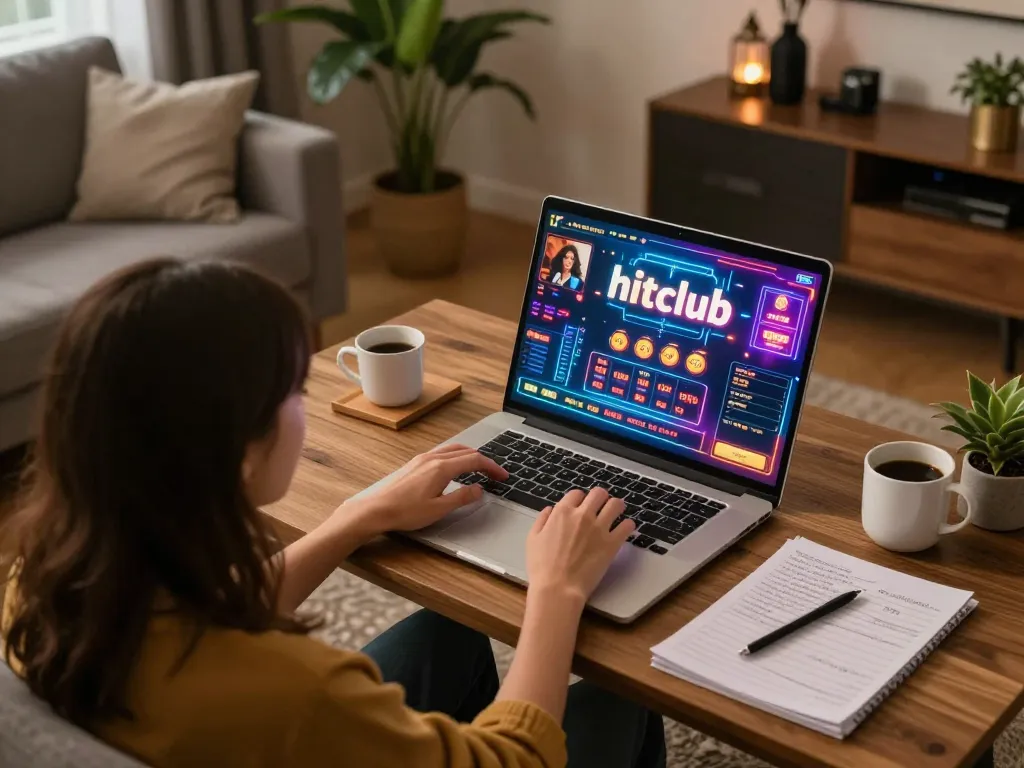 Play online hitclub casino games in a cozy home setup with engaging gaming interface and strategic notes.