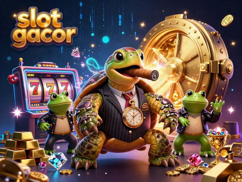 Experience the excitement of slot gacor with a vibrant casino scene featuring a mobster turtle, bullfrog enforcers, and slot reels.