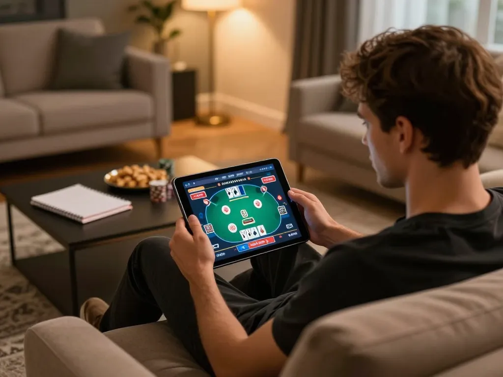 Player engaging with online poker at home, exploring 13Win for strategic gaming