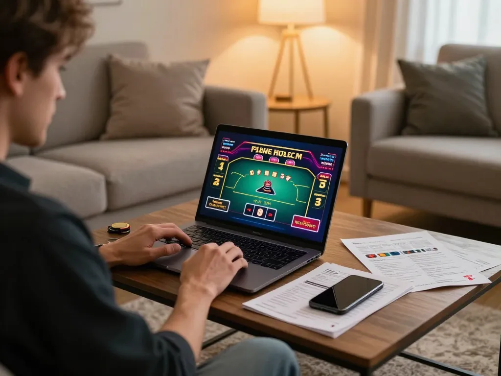 The player analyzing tỷ lệ kèo nhà cái on screen at a cozy home setup enhances gambling strategy and enjoyment.