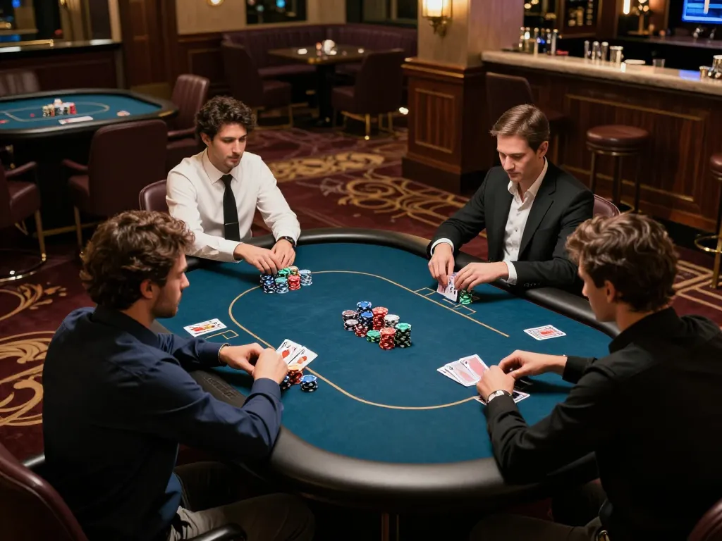 Players engaging in a high-stakes poker game at fa88, showcasing chips and cards in an elegant casino setting.