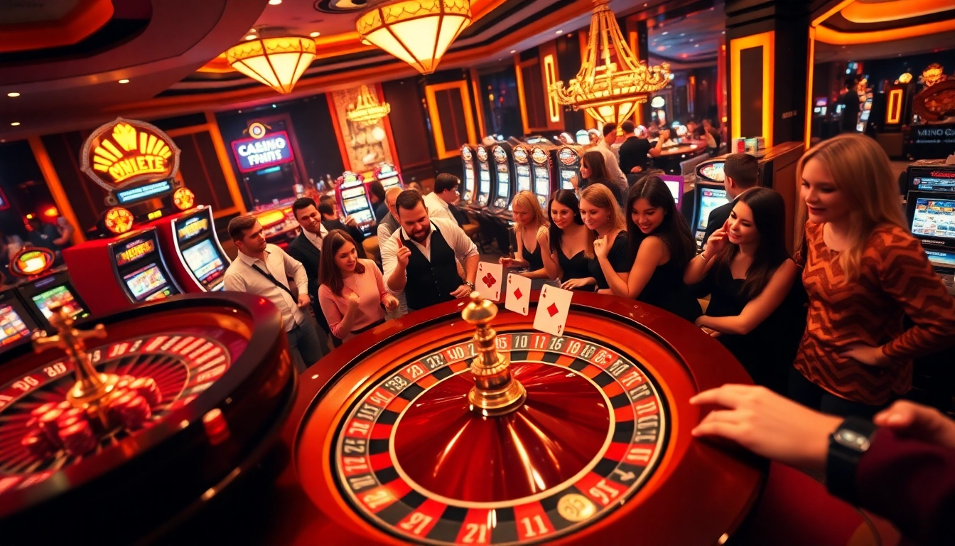 Engaging casino scene with players enjoying MV88-themed games, vibrant roulette wheel, and glowing slot machines.