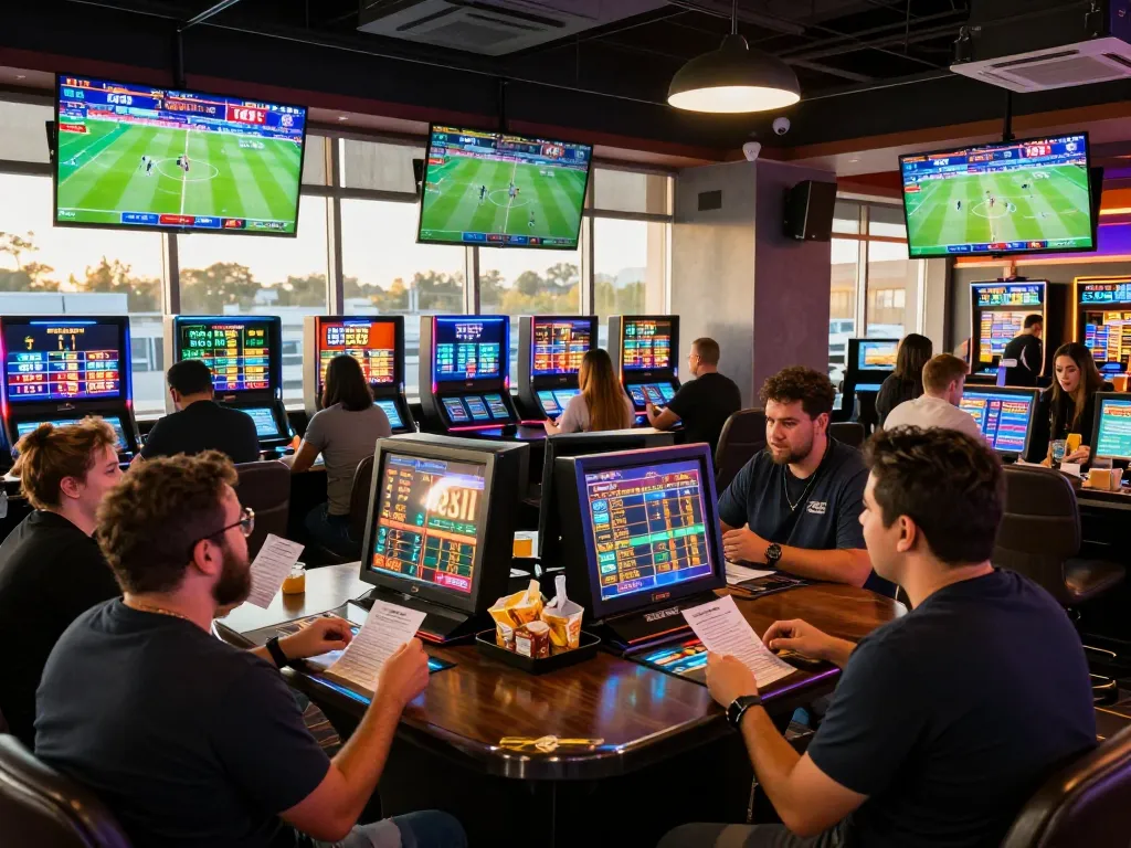 Excited bettors engaging in sports betting at FC88 lounge with vibrant decor and screens.