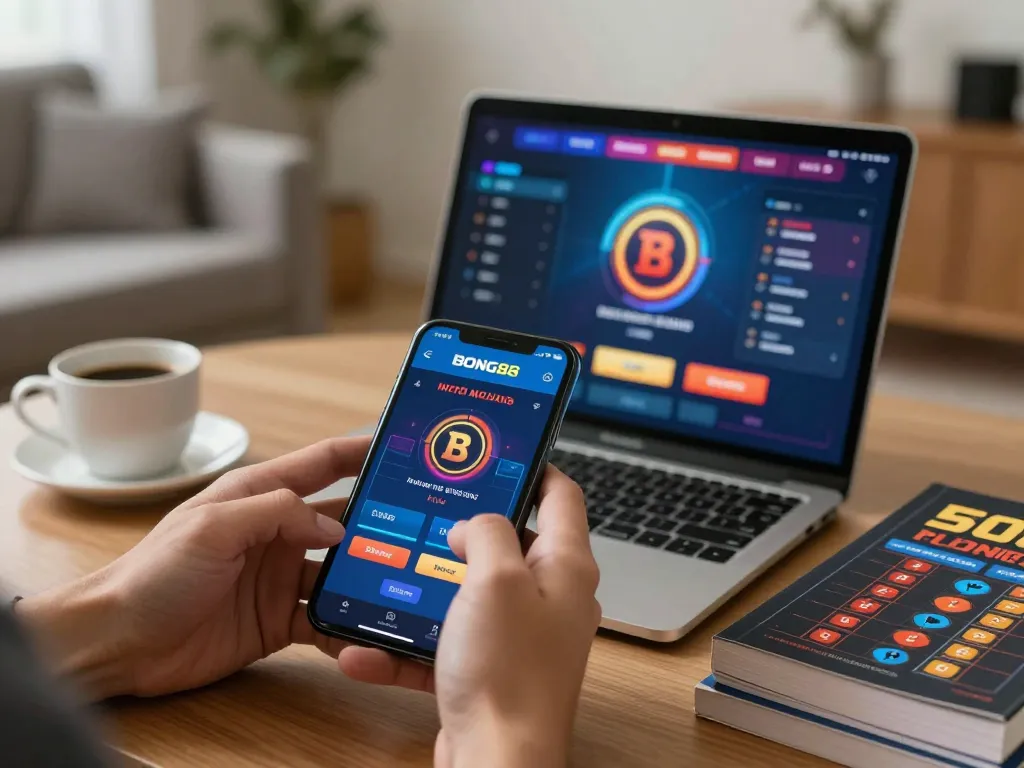 BONG88 player engaging in online betting activity using a smartphone in a cozy home setting