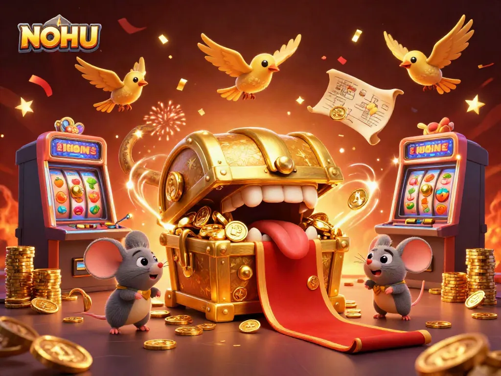 NOHU’s vibrant 3D treasure chest illustration draws players toward engaging slots and riches.