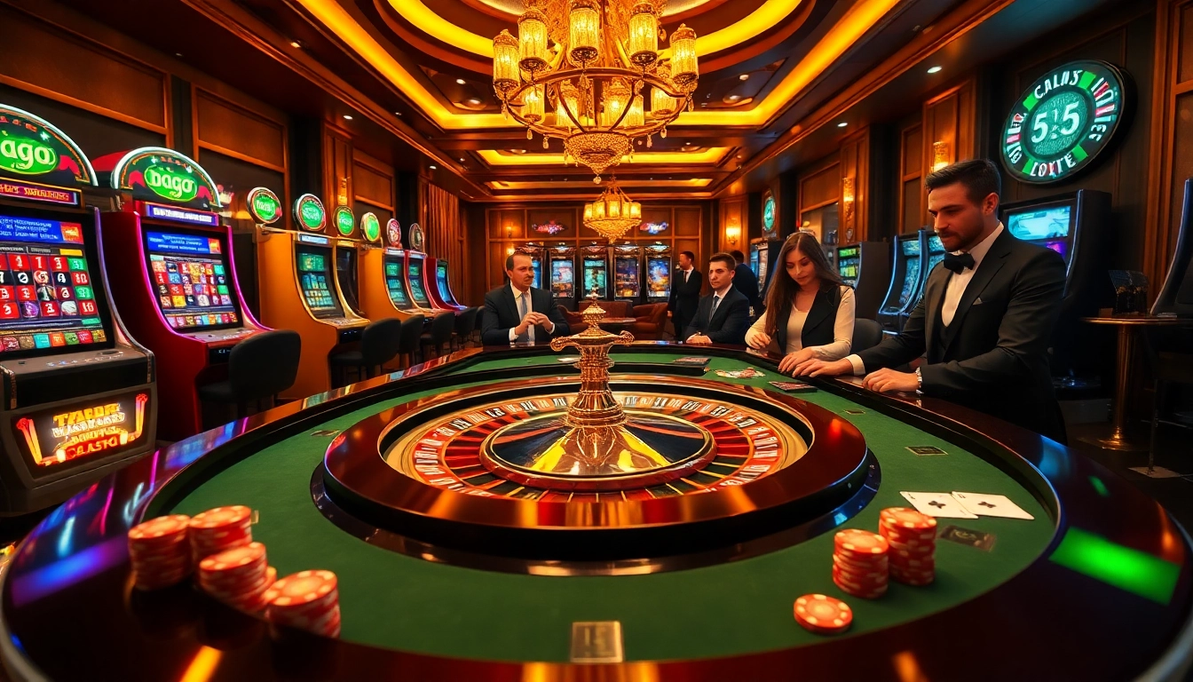 Experience the thrill of gambling at a luxury casino featuring captivating elements like "daga" inspired poker chips and roulette tables.