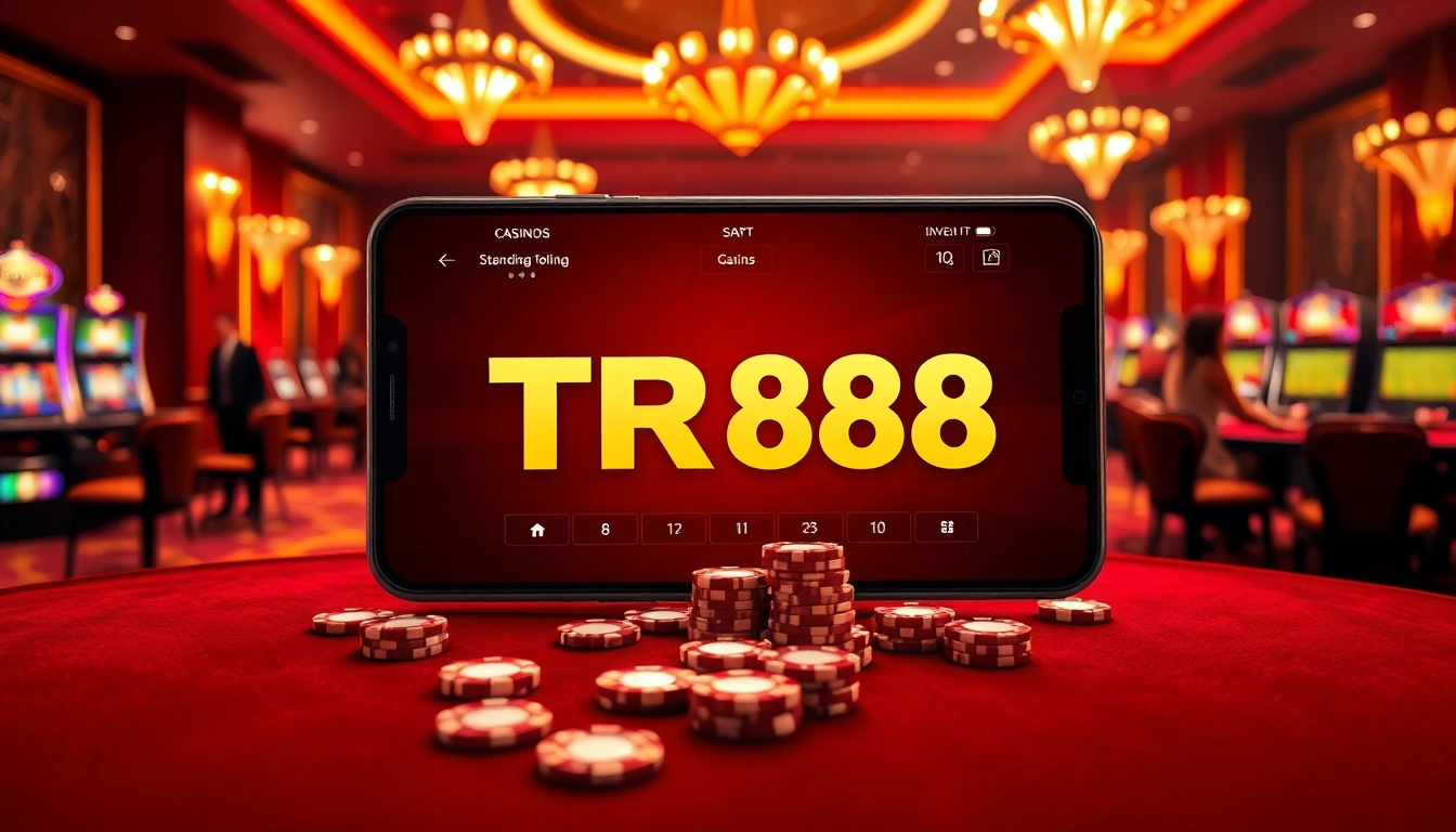 Experience the thrilling TR88 betting interface amid an exciting casino atmosphere filled with card tables and slot machines.