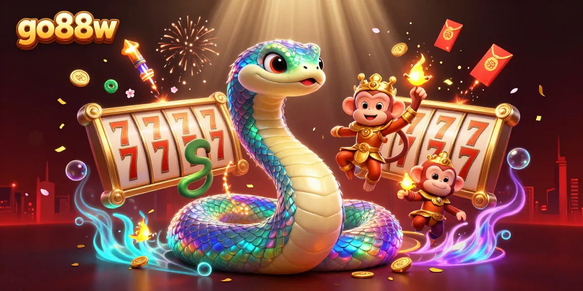 Experience go88w with vibrant casino action featuring a rainbow serpent and monkey king surrounded by slot elements.