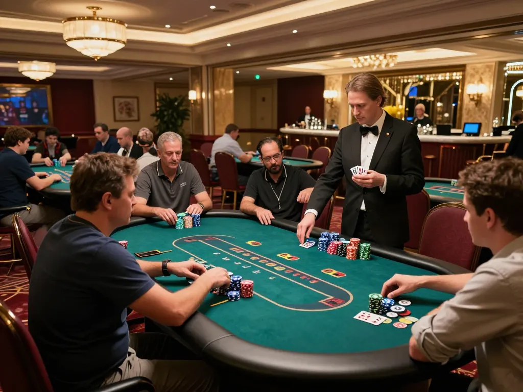 Players engaging at Nk88 casino poker table, displaying excitement and strategy in a luxurious environment