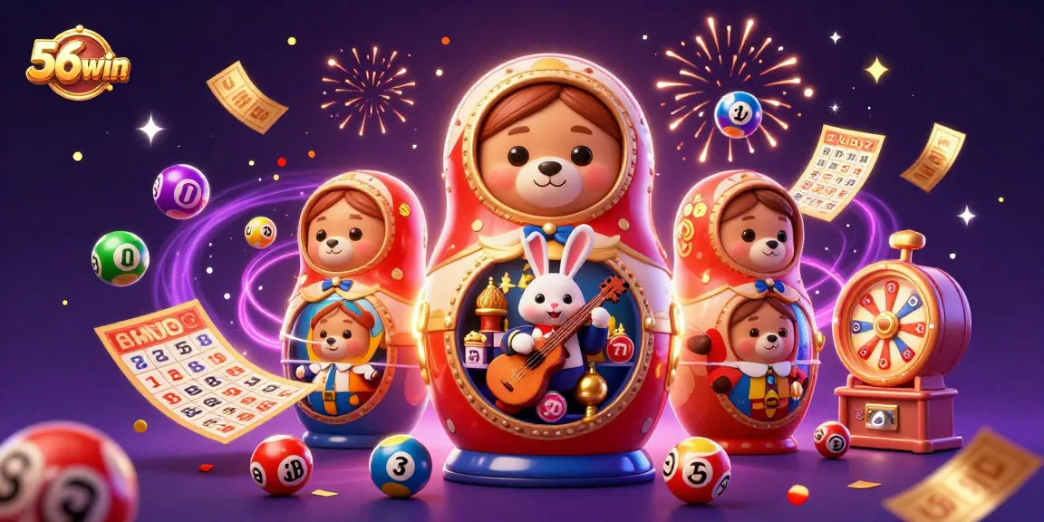 Experience the excitement of 56win with colorful lottery balls and celebration elements in this dynamic casino illustration.