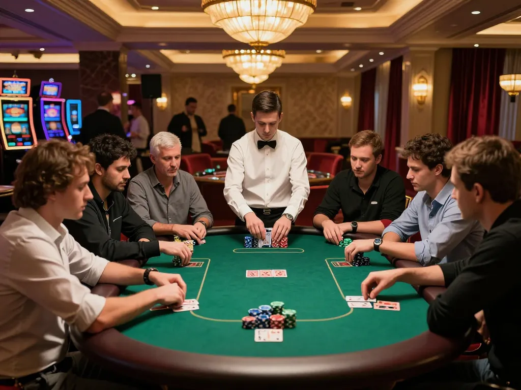Players engaging in a strategic poker game at a vibrant MM88 casino atmosphere with colorful chips.