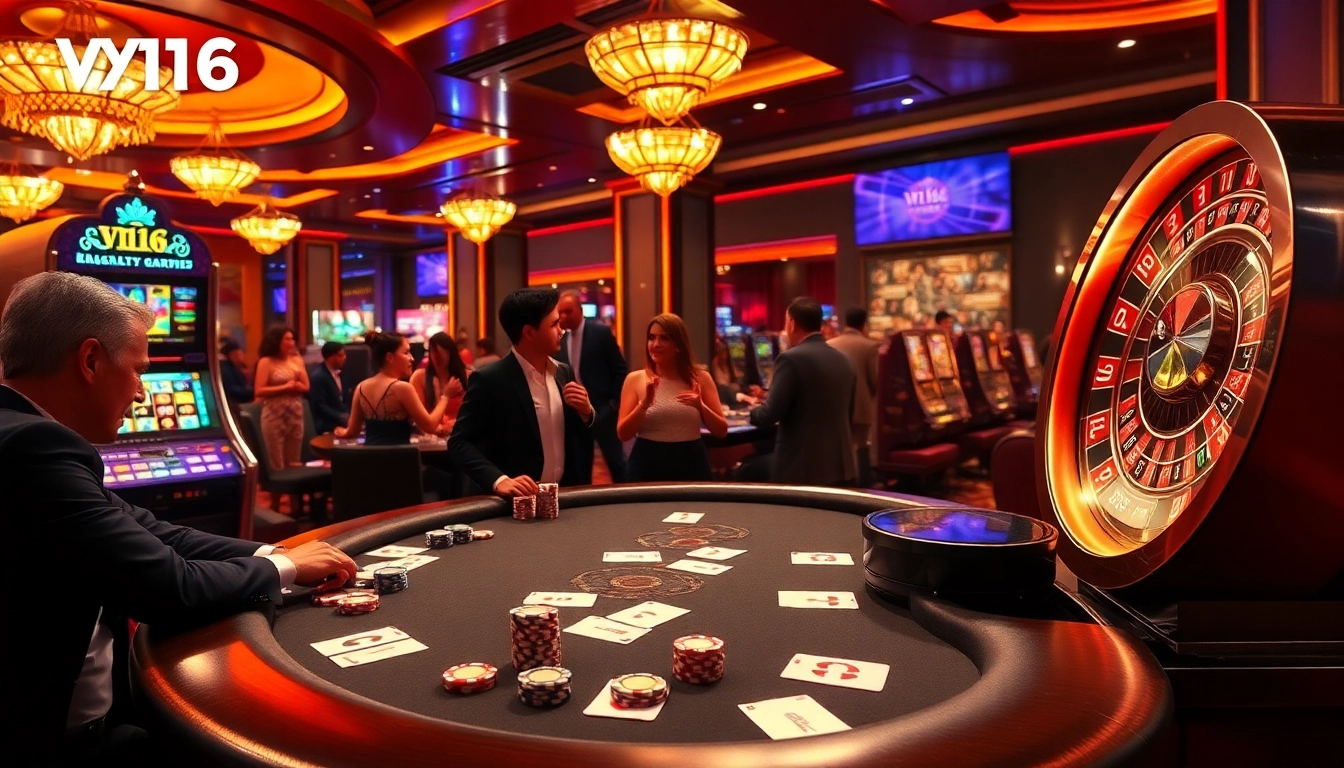 Exciting casino scene with VN168 branding, featuring poker tables and vibrant slot machines.