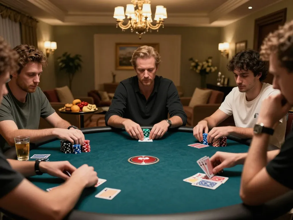 Engaging poker night showcasing strategy with friends playing at home, featuring QQ88z Net.