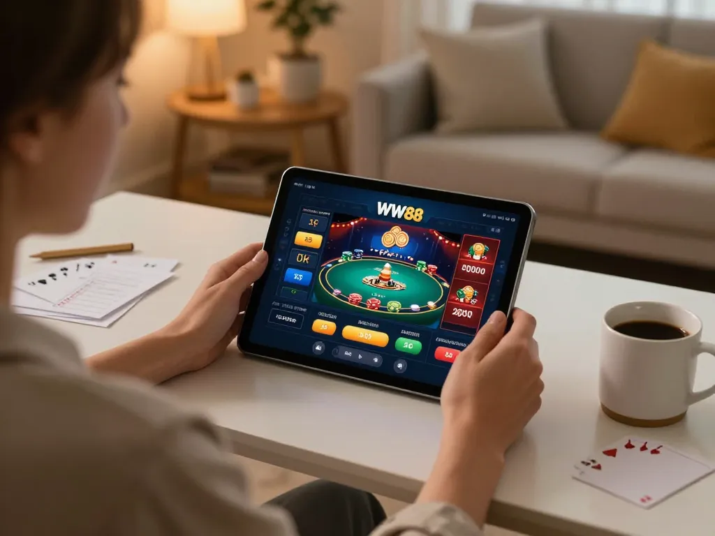 Engaged player using WW88 casino app on tablet in cozy home office setting.