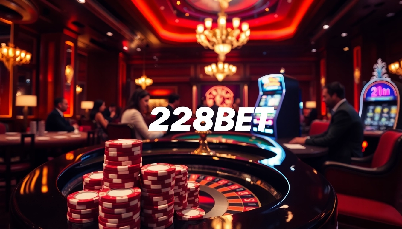 Action-packed gaming scene highlighting 28BET with roulette, poker chips, and betting slips.