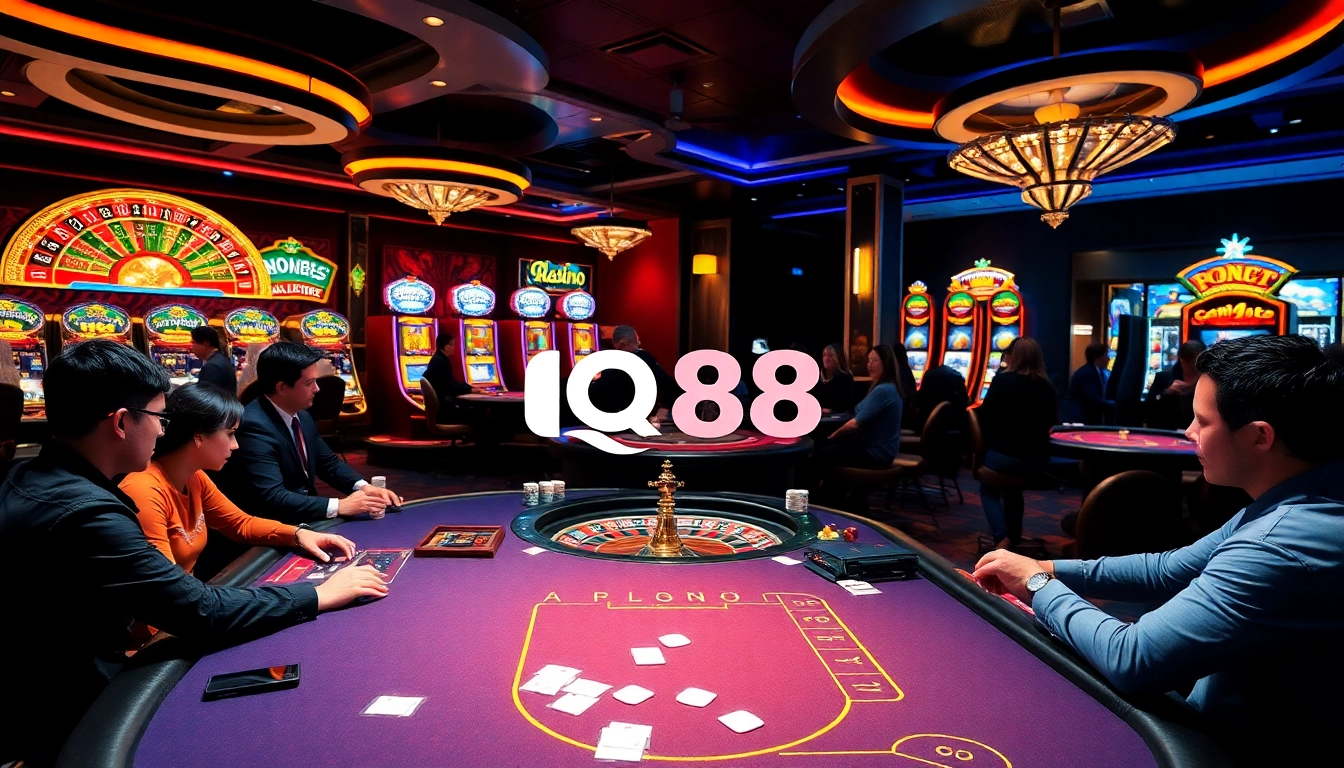 Experience thrilling gambling action at iq88 with players engaged at poker and roulette tables.