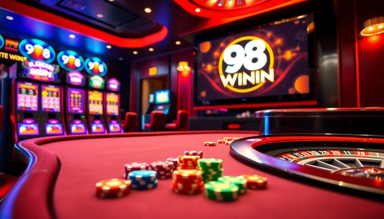 Exciting casino layout featuring 98WIN logo, vibrant slot machines, and poker tables in a luxurious setting.