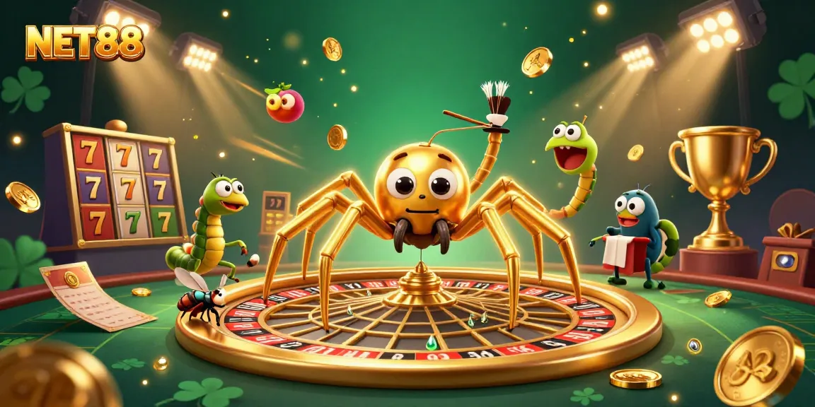 Experience the thrill of NET88 roulette with a detailed 3D cartoon scene featuring a golden spider and lively characters.