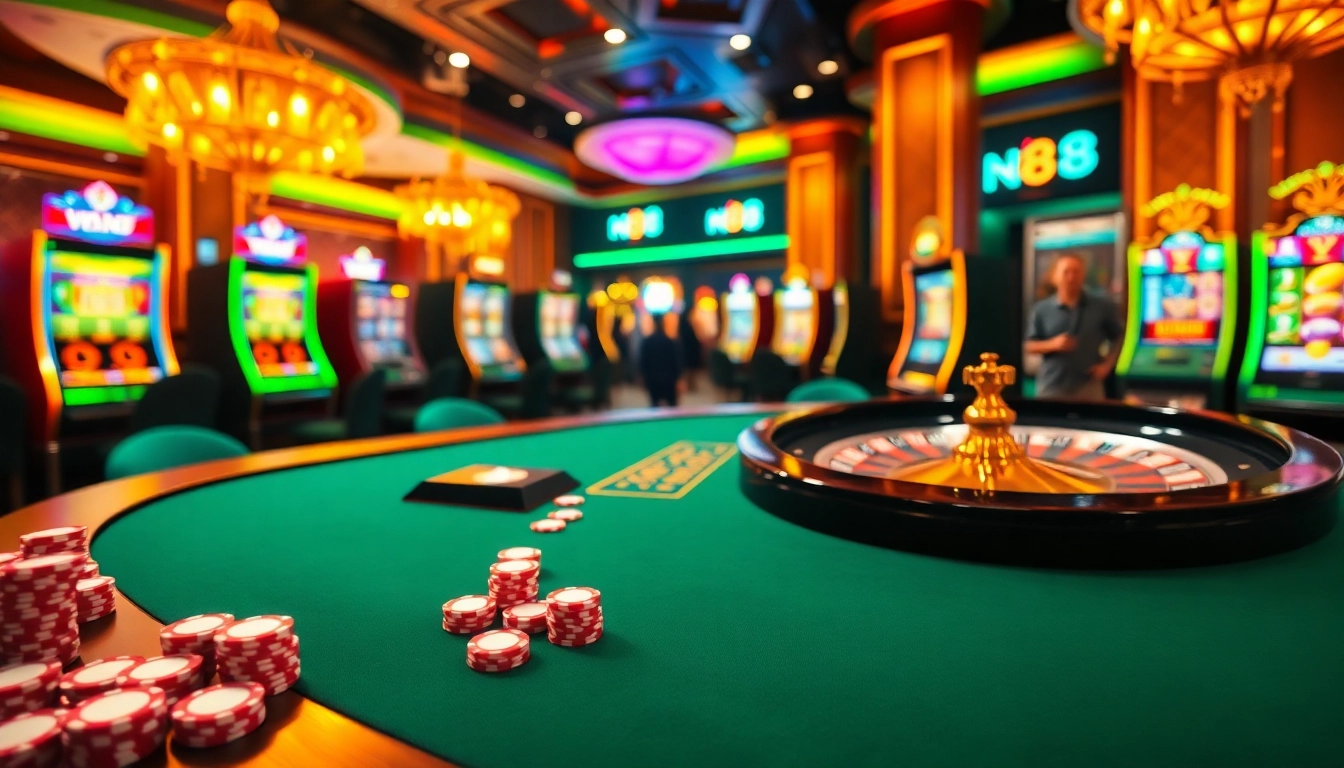 Nk88 players winning at an elegant casino table with vibrant slot machines.