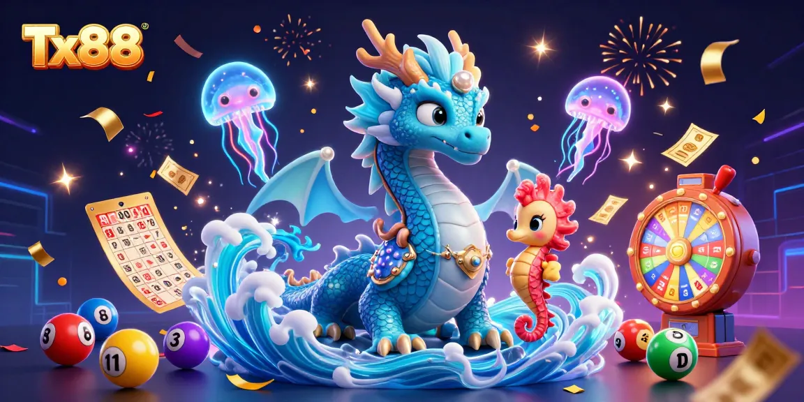 Experience the excitement of Tx88 with glowing jellyfish, a dragon, and vibrant lottery games.