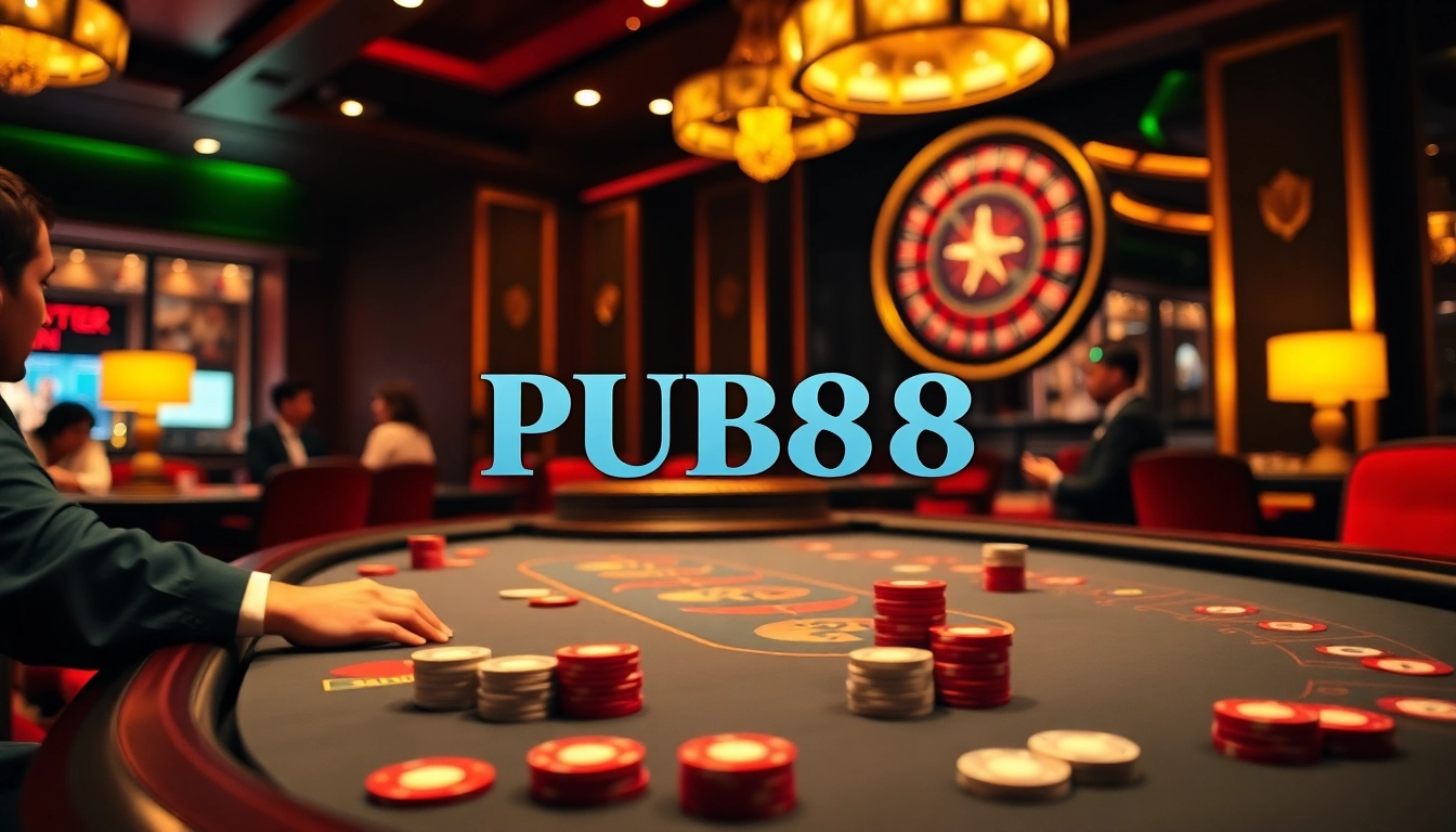 Exciting poker game at PUB88 casino with chips and cards on a luxurious table.