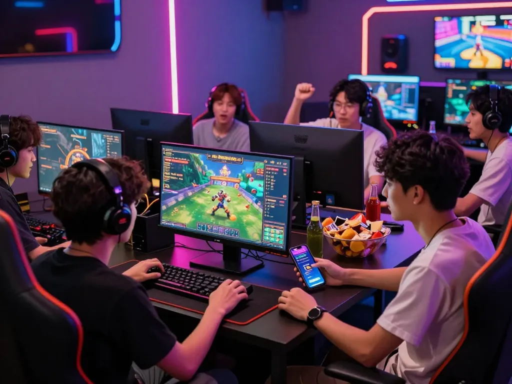 Engaging scene of friends enjoying online gaming on 789club trực tuyến platform with glowing screens and snacks.