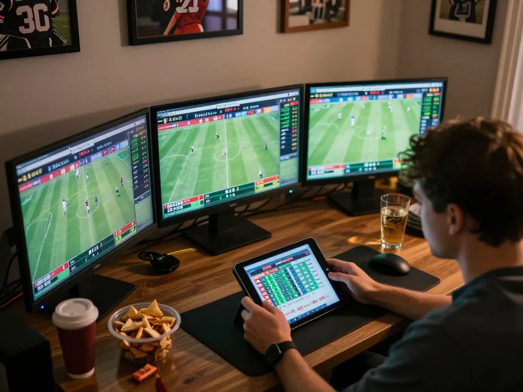 good88 sports betting scene with person placing bets using tablet during live match analysis