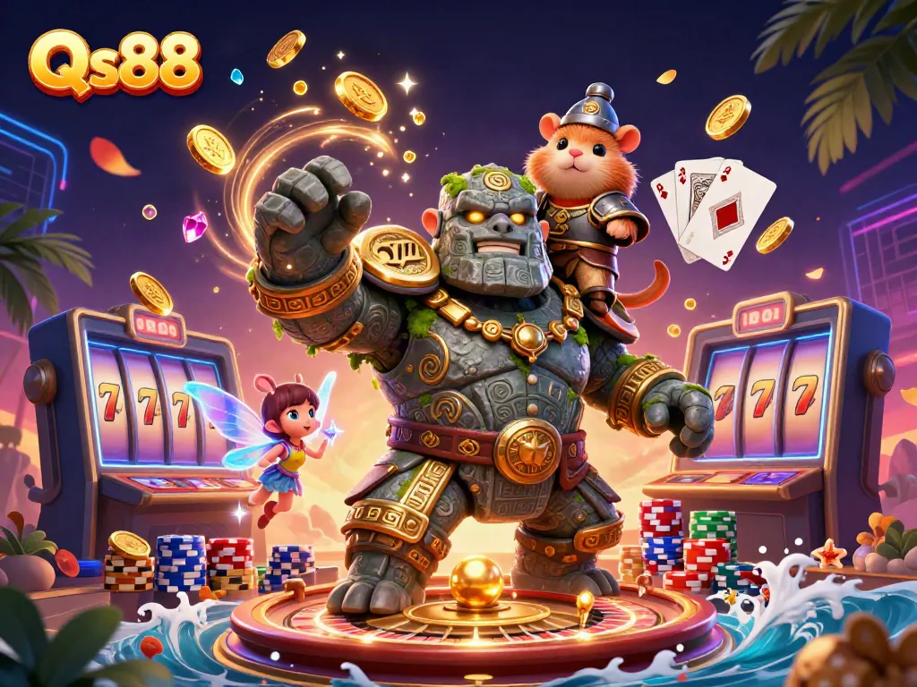 Spin to win with Qs88's vibrant scene of golems, fairies, and treasure!
