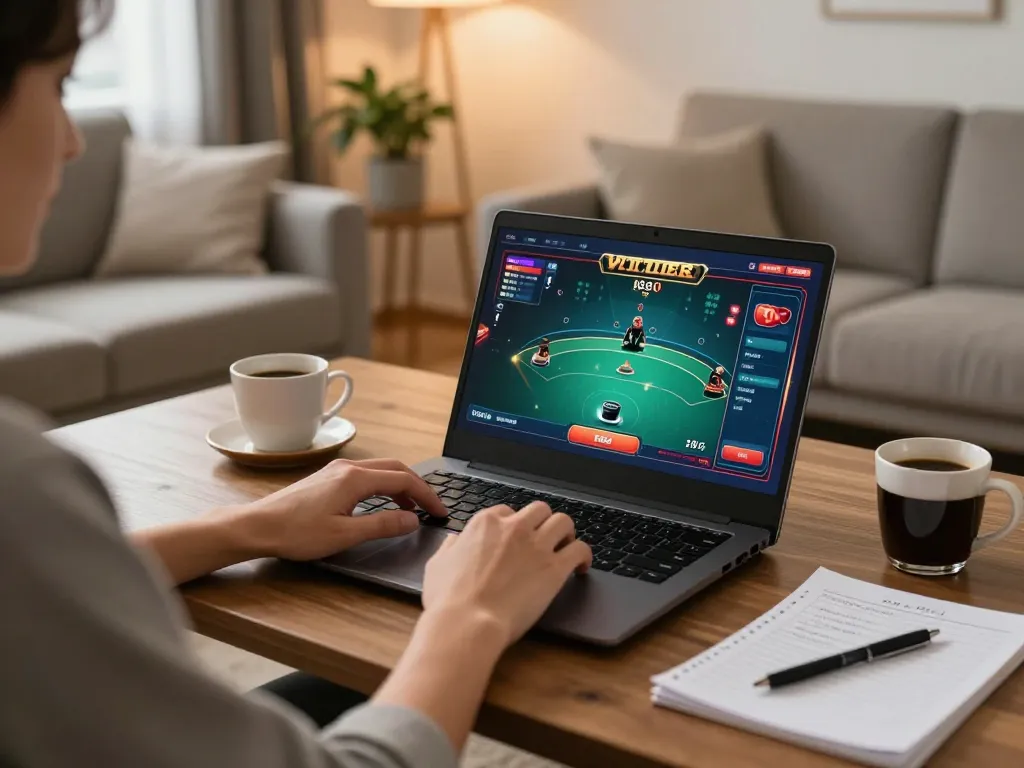 F168 user engaged in online casino gaming on laptop at home, showcasing a poker interface with strategic notes.