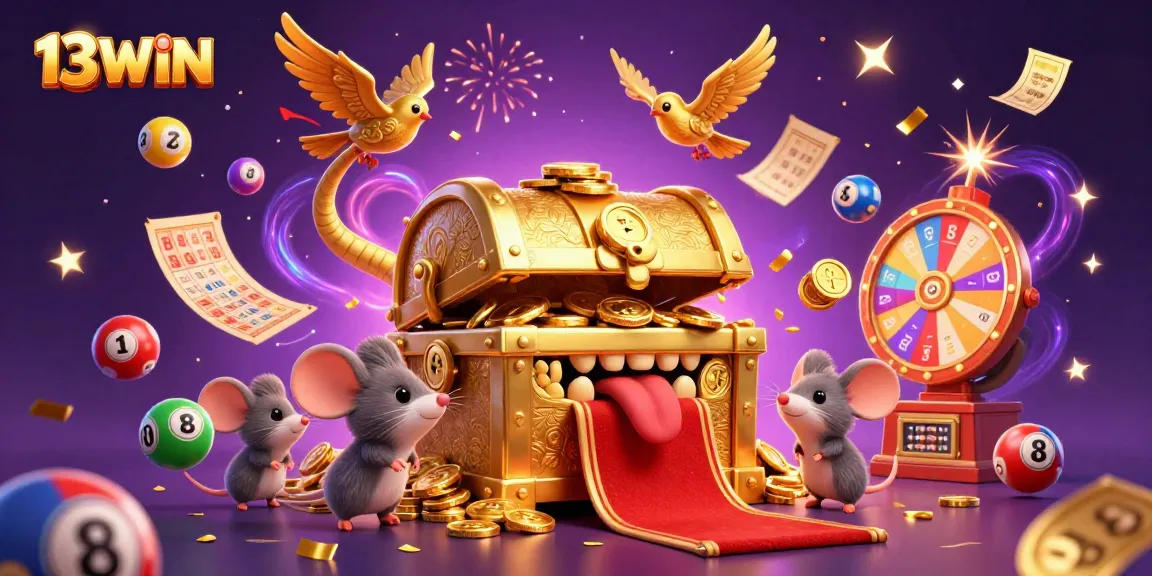 Spin and win with 13WIN's exciting rewards and vibrant lottery elements in this colorful scene.