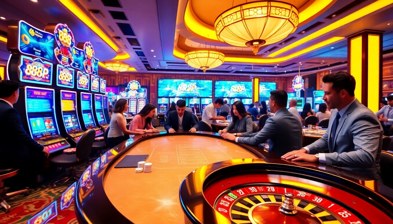 Players enjoying high-stakes games at the 888P casino, featuring vibrant slot machines and poker tables.