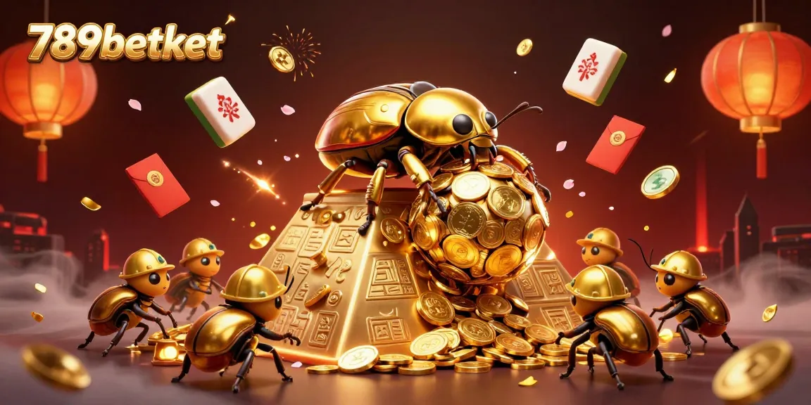 Experience excitement at 789betket, featuring a golden dung beetle amidst a spectacle of gaming symbols.